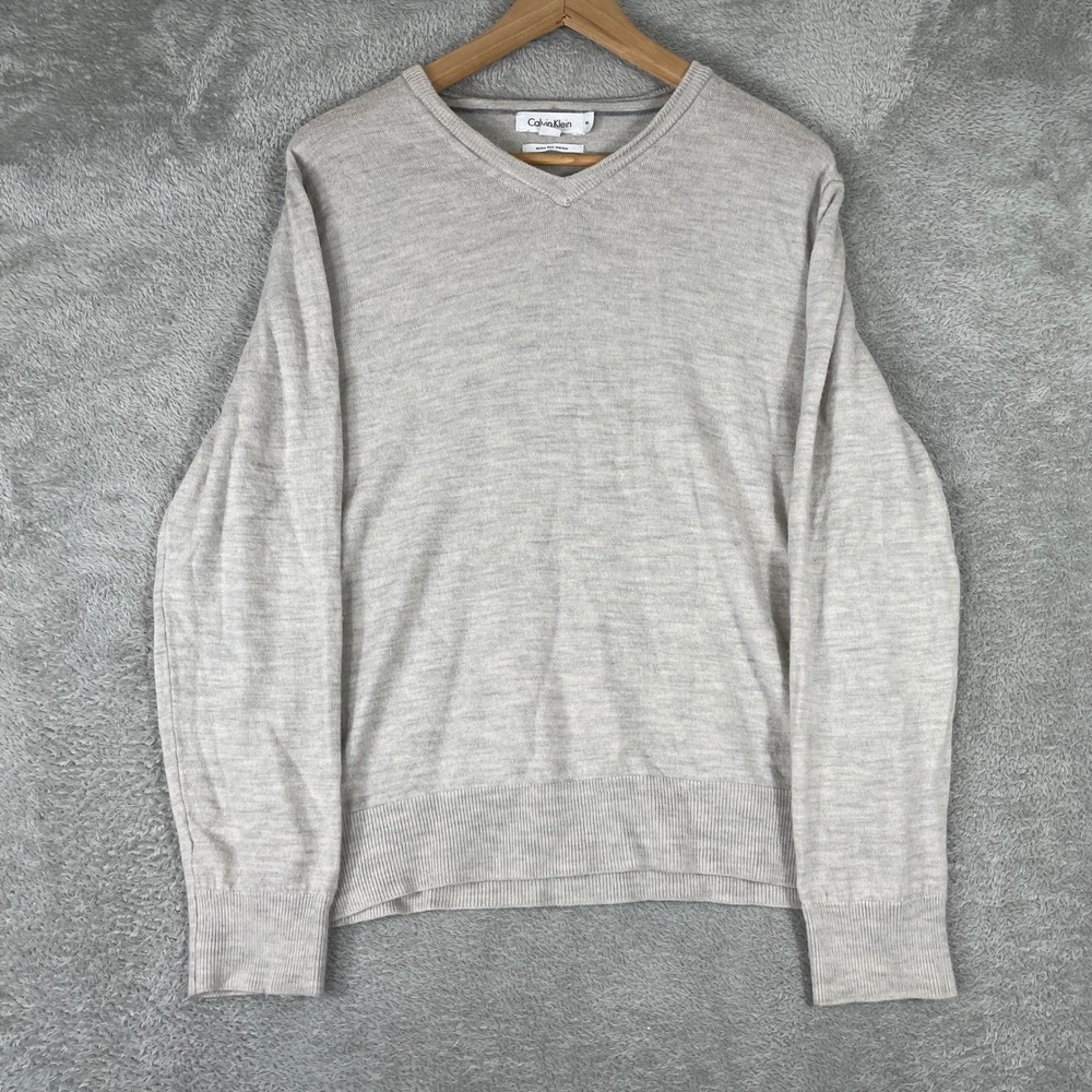 Calvin Klein V-Neck Sweater Mens Medium Gray‎ Extra Fine Merino Wool Pullover